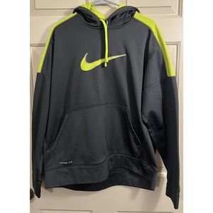 Nike Therma Fit Hoodie Mens XL Gray/Neon Yellow Swoosh Long Sleeve Sweatshirt